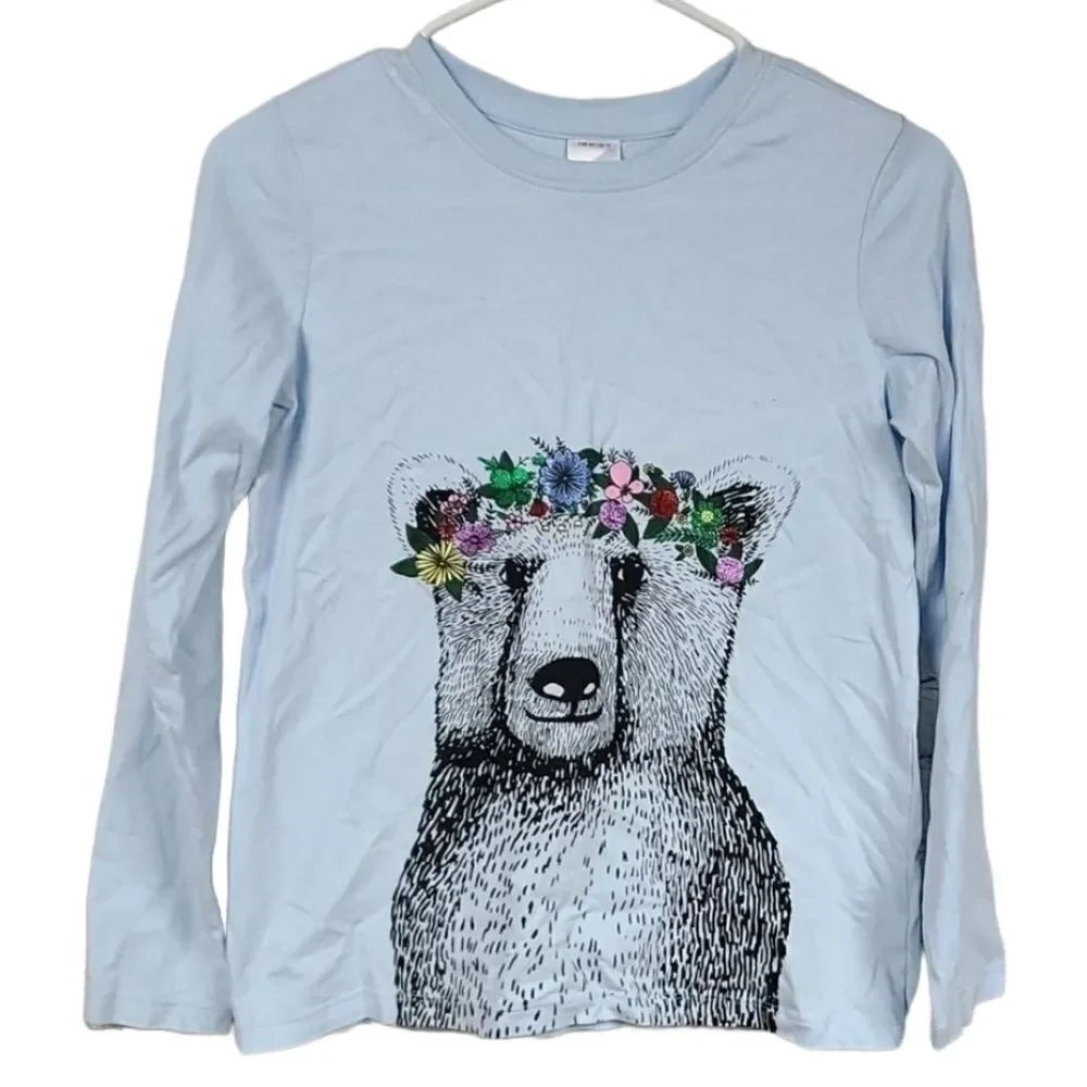 Hanna Andersson Blue Long Sleeve Tee Shimmery Flower Halo on a Bear 150/Girls 12